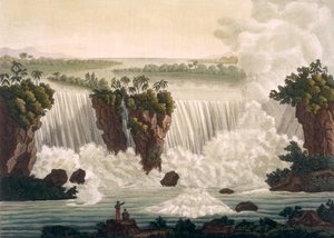ナイアガラの滝、1818年、「ルコスチュームアンシアンエモデルヌ」、ボリュームI、プレート30、ジュールズフェラーリオ作、c.1820s-30s（カラー彫刻）を公開